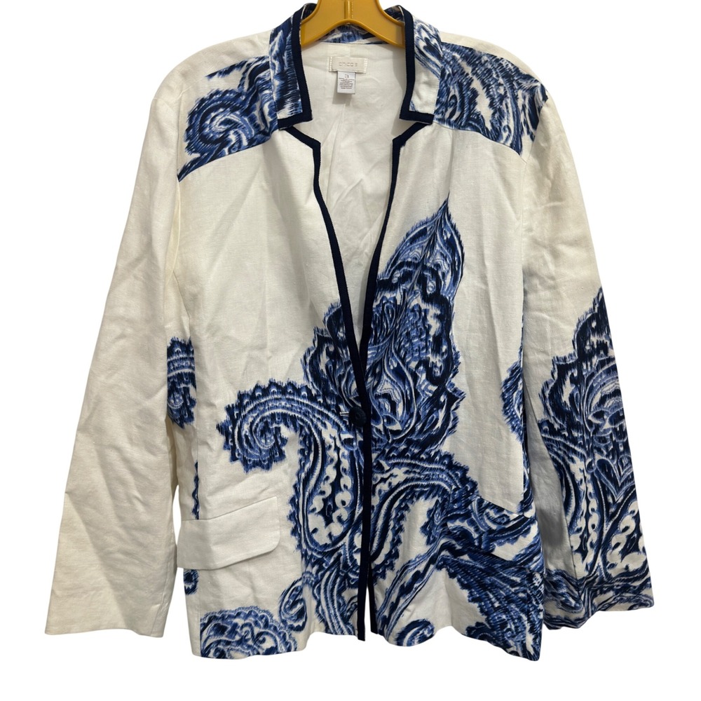 Chico's Blazer Linen Blue White Paisley Print Open Front Lined Size 3 XL Large